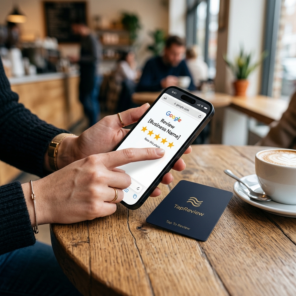 TapReview NFC Card placed on coffee shop table